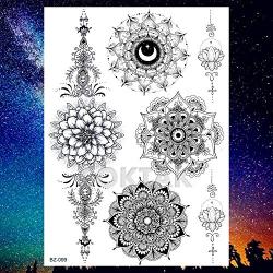 COKTAK 6 Pieces/Lot Unique Black Henna Temporary Tattoo Stickers For Adults Women Girls Feather Mandala Flower Body Art Large Big Arm Tattoos Sheet Lace Indian Mehndi Sexy Wedding Tatoos OWL