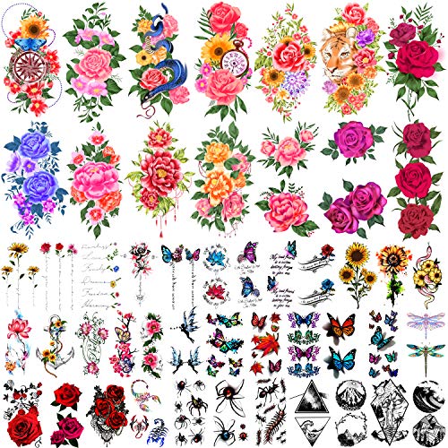 Yazhiji 49 Sheets Temporary Tattoos for Women and Men 3D Extra Large Waterproof Sexy Flowers Fake Tattoo Kits