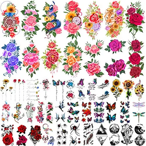 Yazhiji 49 Sheets Temporary Tattoos for Women and Men 3D Extra Large Waterproof Sexy Flowers Fake Tattoo Kits Yazhiji 49 Sheets Temporary Tattoos for Women and Men 3D Extra Large Waterproof Sexy Flowers Fake Tattoo Kits