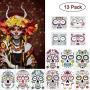 COKOHAPPY Halloween Temporary Face Tattoos Makeup Kit (13 Pack), Day of the Dead Sugar Skull Floral Black Skeleton Web Red Roses Full Face Mask Stickers Tattoo Families Party Supplies