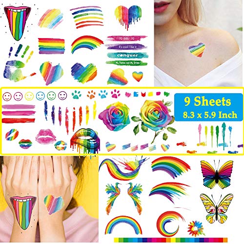 Ooopsi 140PCS Colorful Temporary Tattoos - Rainbow Lips Butterfly Rose Heart Tattoo Body Stickers - Rainbow Tattoo Stickers Party Summer Beach and Celebrations (9 Sheets)