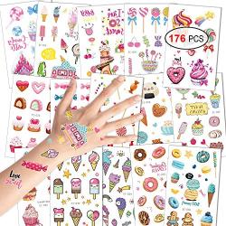 Konsait 176PCS Kids Temporary Tattoo, Fake Waterproof Tattoo Stickers For Children Girls Candy Lollipop Ice Cream Sweet Tattoos for Birthday Summer Beach Childrens Day Gift Party Favors Supplies