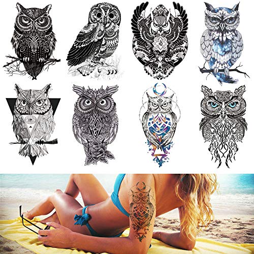 Temporary Tattoos for Women Men Adults Kids Boys Girls Arm Hand Leg Shoulder Back Chest Abdomen Waterproof Tattoo Stickers 8 Sheets Safe for All Skin with Owl Totem Geometric Black Color