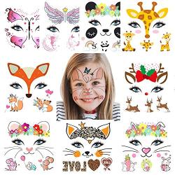 Fanoshon Animal Temporary Face Tattoo Sticker Set for Kids Adults, Water Transfer Butterfly Panda Deer Giraffe Fairy Floral Festival Body Paint Makeup Decoration Stickers for Halloween