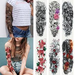 Kotbs 6 Sheets Full Arm Temporary Tattoo, Waterproof Extra Large Temporary Tattoos for Women Men Adults Black Skull Rose Body Art Tattoo Sticker Fake Tattoo