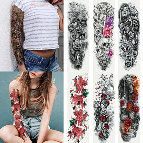 Kotbs 6 Sheets Full Arm Temporary Tattoo, Waterproof Extra Large Temporary Tattoos for Women Men Adults Black Skull Rose Body Art Tattoo Sticker Fake Tattoo Kotbs 6 Sheets Full Arm Temporary Tattoo, Waterproof Extra Large Temporary Tattoos for Women Men Adults Black Skull Rose Body Art Tattoo Sticker Fake Tattoo