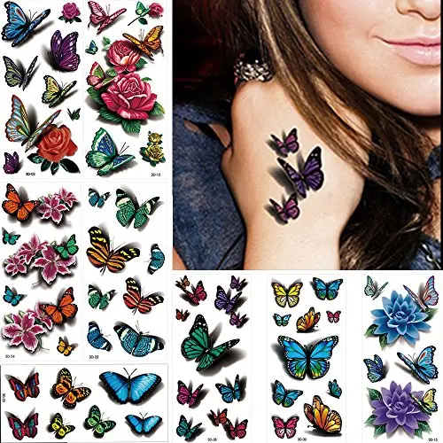 8 Sheets 3D Temporary Tattoo Sticker Butterfly Flower Design Body Chest Hand Art Decal Removable 8 Sheets 3D Temporary Tattoo Sticker Butterfly Flower Design Body Chest Hand Art Decal Removable