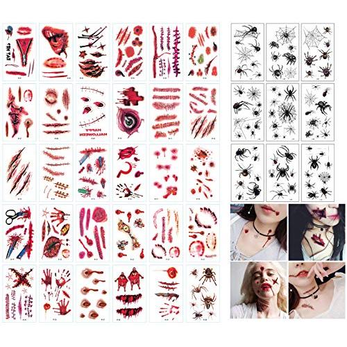 40Sets Halloween Tattoo Sticker,Waterproof Temporary Tattoos 30Set Realistic Bloody Wound Stitch Scar Scab Horror Tattoo,10Set Spider and Spider Web for Halloween Masquerade Prank Makeup Cosplay Party