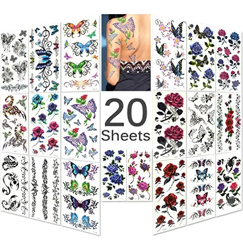 Lady Up 20 Sheets Mixed Style Body Art Temporary Tattoos Paper, Flowers, Roses, Butterflies and Multi-Colored Waterproof Tattoo for Women, 90×190mm Lady Up 20 Sheets Mixed Style Body Art Temporary Tattoos Paper, Flowers, Roses, Butterflies and Multi-Colored Waterproof Tattoo for Women, 90×190mm