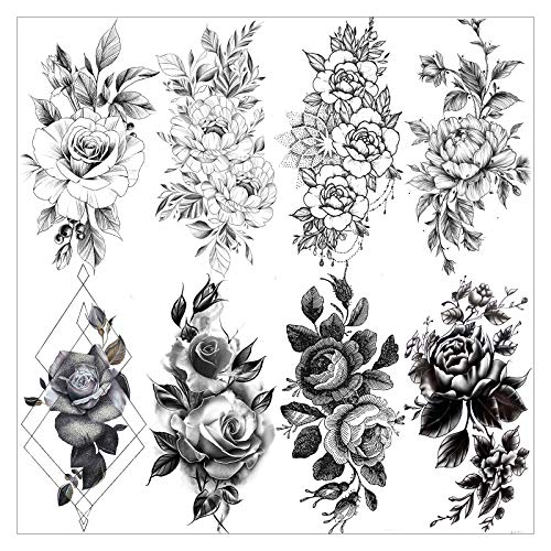 VANTATY 8 Sheets Petal 3D Black Flower Rose Temporary Tattoos For Women Waterproof Fake Body Art Arm Sketch Tattoo Stickers For Girls Shoulder Arm Leaf Tatoo Adults Beauty.