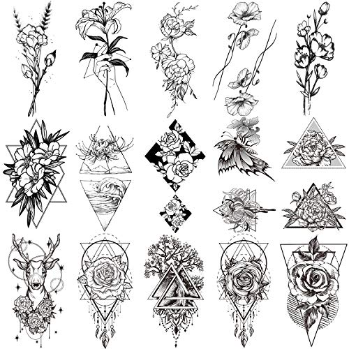 15 Sheets Petal 3D Black Flower Rose Temporary Tattoos for Women Waterproof Fake Body Art Tattoo Stickers For Girls