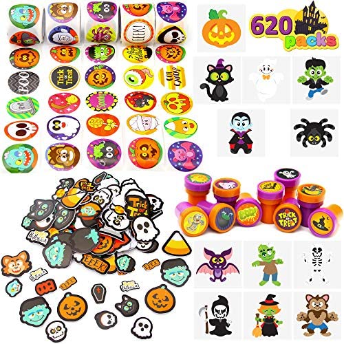 600+ Halloween Craft Assortment Kit Including Temporary Tattoos, Stickers, Stampers Foam Stickers for Trick or Treat Craft Party Favors, School Classroom Hangout