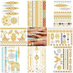 Metallic Temporary Tattoos - Over 100 Gold Silver Henna Sexy Body Tattoos for Women Teens Girls Glitter Shimmer Mandala Mehndi Designs Jewelry Tattoo Stickers (8 sheets Turquoise & Gold)