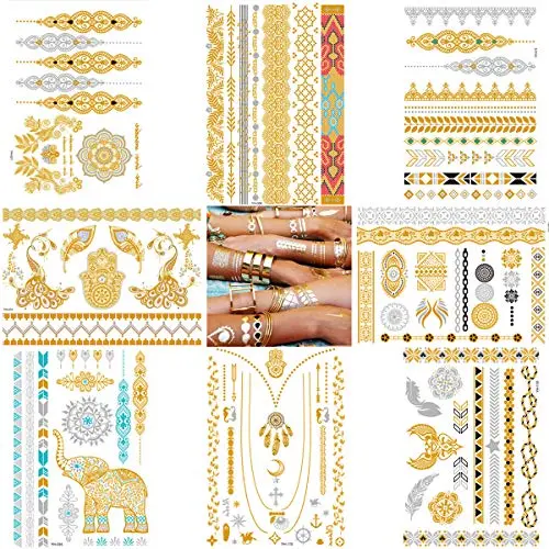 Metallic Temporary Tattoos - Over 100 Gold Silver Henna Sexy Body Tattoos for Women Teens Girls Glitter Shimmer Mandala Mehndi Designs Jewelry Tattoo Stickers (8 sheets Turquoise & Gold) Metallic Temporary Tattoos - Over 100 Gold Silver Henna Sexy Body Tattoos for Women Teens Girls Glitter Shimmer Mandala Mehndi Designs Jewelry Tattoo Stickers (8 sheets Turquoise & Gold)