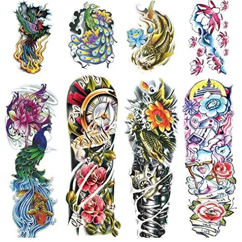 Leoars 4 Sheets Large Arm Temporary Tattoos and 4 Sheets Full Arm Sleeve Tattoo Sticker, Big Peacock Lotus Rose Fake Tattoos Sleeve Body Art for Women Men Leoars 4 Sheets Large Arm Temporary Tattoos and 4 Sheets Full Arm Sleeve Tattoo Sticker, Big Peacock Lotus Rose Fake Tattoos Sleeve Body Art for Women Men
