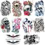 Ooopsiun 10 Sheets Large Arm Temporary Tattoos For Men Adults, Skull Skeleton Fake Arm Tattoo stickers Halloween Day of the Dead