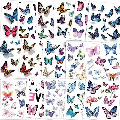 Konsait Kids Tattoos Butterfly Temporary Tattoos, Fake Tattoo Sticker for Girls Kids Women Childrens Birthday Party Bag Filler Gift Birthday Girls Party Favors, 16 Sheets