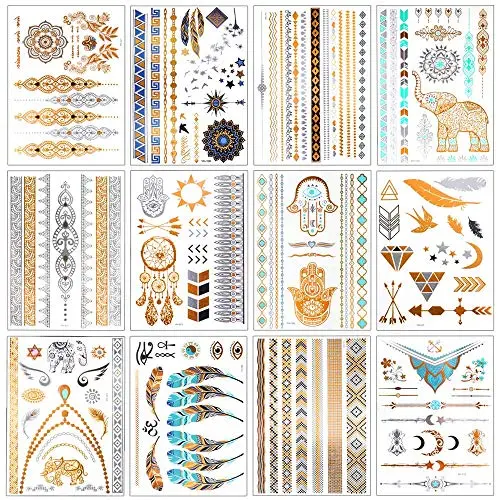 12 Sheets Metallic Temporary Tattoos for Women Teens Girls Tattoos Gold Silver Glitter Flash Waterproof Tattoo Stickers 12 Sheets Metallic Temporary Tattoos for Women Teens Girls Tattoos Gold Silver Glitter Flash Waterproof Tattoo Stickers
