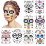 CHICHIC 8 Pack Halloween Temporary Face Tattoos Stickers, Day of the Dead Sugar Skull Face Tattoos, Catrina Face Mask, Day of Dead Make Up, Full Face Candy Skull Sticker Halloween Party Favor Supplies