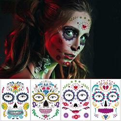 Day of the Dead Sugar Skull Temporary Face Tattoo Kit 4 Sheets Halloween Temporary Face Tattoos Sticker Decoration Halloween Masquerade Party Supplies