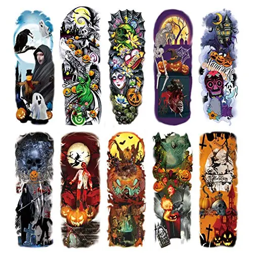 HOWAF Halloween Full Arm Temporary Tattoos, 10 Sheets Temporary Sleeve Tattoos, Nightmare Before Christmas Skull Pumpkin Ghost Fake Body Art Arm Tattoo Black Tattoo Stickers for Adults, Women, Men HOWAF Halloween Full Arm Temporary Tattoos, 10 Sheets Temporary Sleeve Tattoos, Nightmare Before Christmas Skull Pumpkin Ghost Fake Body Art Arm Tattoo Black Tattoo Stickers for Adults, Women, Men