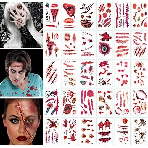 30 Sheets Halloween Scar Wound Tattoos Stickers Temporary Realistic Fake Face Blood Wound Stickers for Party Cos Play Costume Makeup Masquerade Vampire Zombies Party Supplies for Halloween Cosplay