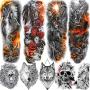 Rejaski 9 Sheets Gladiator Wolf King Full Arm Temporary Tattoo Sleeves For Men Women Extra Long Gold Tribal Knight Warrior Temp Tattoos Lion Totem Body Art Arm Sleeve Realistic Fake Tattoo Stickers