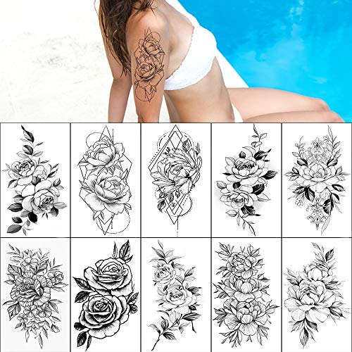 10 Sheets Big Black Rose Peony Flower Girls Temporary Tattoos For Women Waterproof Tattoo Stickers 3D Blossom Lady Shoulder Tatoos Leaf Sexy Arm Body Chains Pattern. 10 Sheets Big Black Rose Peony Flower Girls Temporary Tattoos For Women Waterproof Tattoo Stickers 3D Blossom Lady Shoulder Tatoos Leaf Sexy Arm Body Chains Pattern.