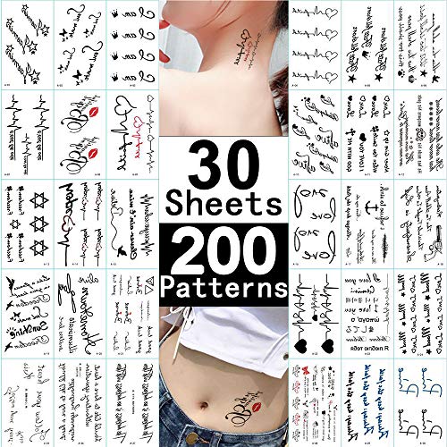 Tiny Word Temporary Tattoos 30 Sheets Fake Black Tattoo Stickers for Women Men kids Boys Girls Adults Small Temp Tattoo Paper for Body Art Hand Face Arm Leg Neck Decorations DIY Beauty Fashion Designs