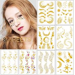 Ooopsi Tattoo Sticker - 8 Sheets Metallic Tattoo Sticker for Women Girls Make Up Dancer Costume Parties, Glitter Gold Tattoos