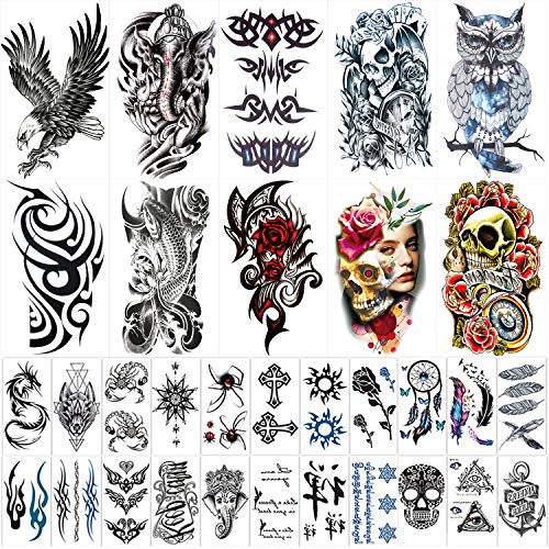 42 Sheets Temporary Tattoos Stickers (Include 10 Sheets Large Stickers), Fake Body Arm Chest Shoulder Tattoos for Men and Women