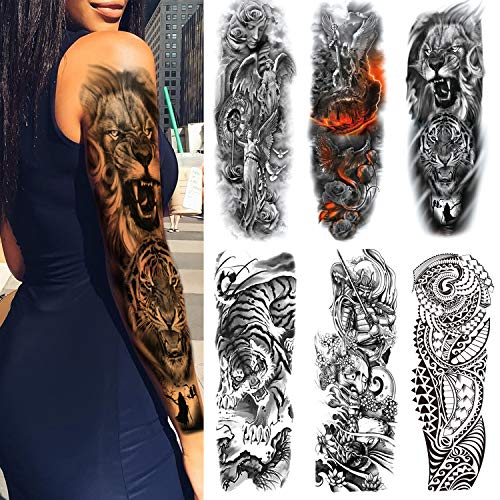 Leoars Extra Temporary Tattoo Black Tattoo Full Arm Sleeve Temporary Tattoo Stickers Body Atr for Man Women, 6-Sheet