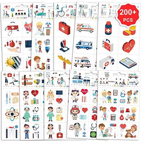 Konsait 200pcs Hospital Theme Temporary Tattoos, Ambulance Doctor Nurse Theme Fake Waterproof Tattoos for Kids Birthday Party Favor Boys Girls Cosplay Accessories School Education Theme Gift Reward