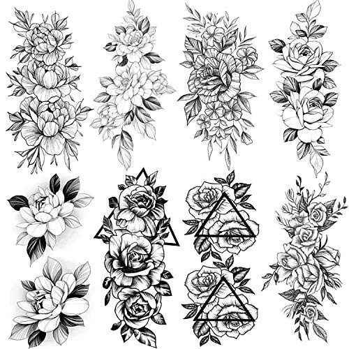 8 Sheets Large Petal 3D Flowers Temporary Tattoos Stickers for Women, Large Black Rose Flowers, Waterproof Fake Tattoos Body Art Arm Sketch Tattoo Stickers for Women, Girls