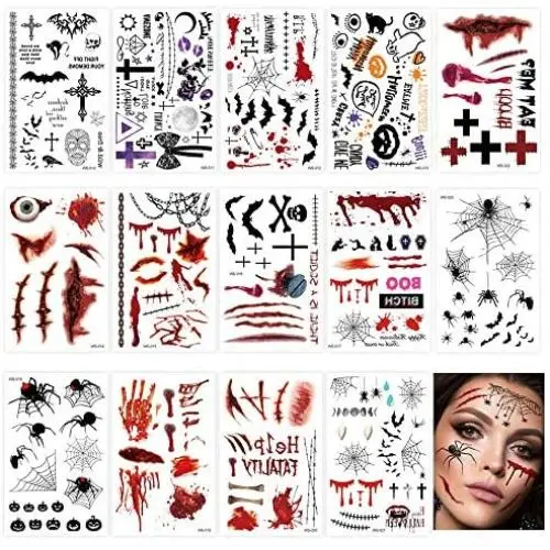 NiceGoods Halloween Scar Temporary Tattoos Realistic Blood Wound Spider Tattoo Sticker Waterproof Zombie Makeup Prank Props 14 Sheets NiceGoods Halloween Scar Temporary Tattoos Realistic Blood Wound Spider Tattoo Sticker Waterproof Zombie Makeup Prank Props 14 Sheets
