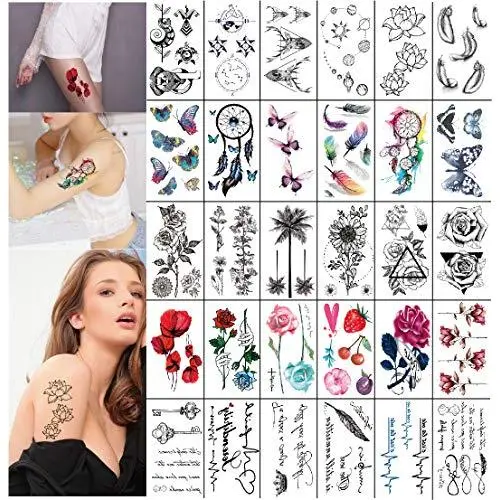 YAKAGO 30 Sheets Temporary Tattoos For Women Girls Flower Words Feather Butterfly Waterproof Fake Tattoo Stickers YAKAGO 30 Sheets Temporary Tattoos For Women Girls Flower Words Feather Butterfly Waterproof Fake Tattoo Stickers