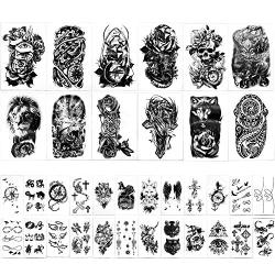 Yazhiji 36 Sheets Temporary Tattoos Stickers, 12 Sheets Fake Body Arm Chest Shoulder Tattoos for Men or Women with 24 Sheets Tiny Black