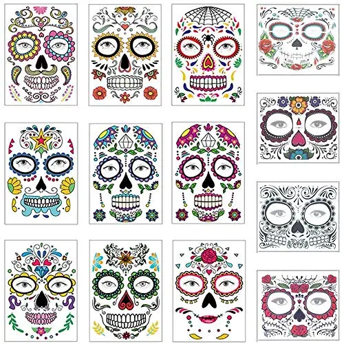 COKOHAPPY Halloween Temporary Face Tattoos Makeup Kit (13 Pack), Day of the Dead Sugar Skull Floral Black Skeleton Web Red Roses Full Face Mask Stickers Tattoo Families Party Supplies COKOHAPPY Halloween Temporary Face Tattoos Makeup Kit (13 Pack), Day of the Dead Sugar Skull Floral Black Skeleton Web Red Roses Full Face Mask Stickers Tattoo Families Party Supplies