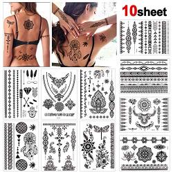 Konsait 10 Sheets Henna Temporary Tattoo Black Art Stickers Lace Mehndi Body Transfers Tattoo for Women Adult Girls for Festival Party