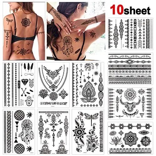 Konsait 10 Sheets Henna Temporary Tattoo Black Art Stickers Lace Mehndi Body Transfers Tattoo for Women Adult Girls for Festival Party Konsait 10 Sheets Henna Temporary Tattoo Black Art Stickers Lace Mehndi Body Transfers Tattoo for Women Adult Girls for Festival Party