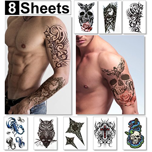 Temporary Tattoos for Men Guys & Teens Fake Tattoo Stickers (8 Large Sheets) Tattoos for Boys Biker Tattoos Rocker Transfers for Arms Shoulders Chest & Back - Body Art Tattoo Sticker Waterproof Black