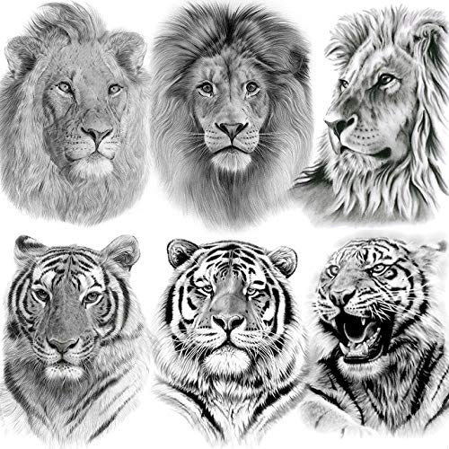 EGMBGM 6 Sheets Tribal Realistic Lion King Temporary Tattoo Stickers For Men Kids Cool Black Ink Tiger Drawing Waterproof Fake Tattoos For Women Body Art Real Large Tatoos Temporary Paper Set Animals