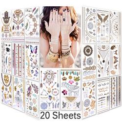 Lady Up Waterproof Metallic Temporary Tattoo 20 sheets in Gold Silver Tattoos,Shimmer Temporary Tattoos for Body Art