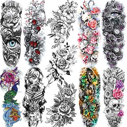 11 Sheets NEZAR Large Vine Peony Flower Rose Full Arm Temporary Tattoos For Women Realistic Skull Skeleton Fake Temporary Tattoo Sleeves Stickers Waterproof Leg Makeup Floral Blossom Tatoos Paper Eye