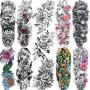 11 Sheets NEZAR Large Vine Peony Flower Rose Full Arm Temporary Tattoos For Women Realistic Skull Skeleton Fake Temporary Tattoo Sleeves Stickers Waterproof Leg Makeup Floral Blossom Tatoos Paper Eye