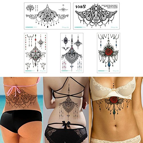 5 Sheets 13.8x24cm Sternum Chest Temporary Tattoo Big Body Art Sticker Jewelry Pendant