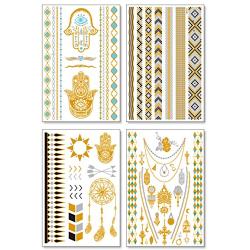 Metallic Temporary Tattoos for Women Teens Girls - 8 Sheets Gold Silver Temporary Tattoos Glitter Shimmer Designs Jewelry Tattoos - 100+ Color Flash Fake Waterproof Tattoo Stickers (Caicos)