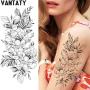 VANTATY 8 Sheets Petal 3D Black Flower Rose Temporary Tattoos For Women Waterproof Fake Body Art Arm Sketch Tattoo Stickers For Girls Shoulder Arm Leaf Tatoo Adults Beauty.