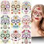 Halloween Decorations Costumes Temporary Tattoos Stickers Face Makeup Waterproof 9 Sheets Gems Flower Skull Mask Make up for Women Kids Party Decors