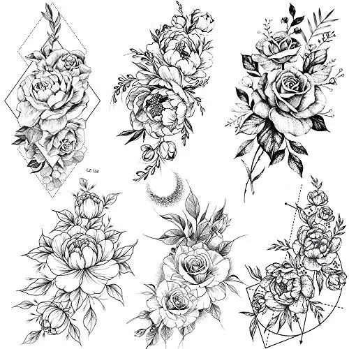COKTAK 6 Pieces/Lot 3D Realistic Large Black Rose Flower Temporary Tattoos For Women Body Art Arm Big Peony Geometric Tattoo Stickers Adults Fake Waterproof Tatoo Legs Sketch Sexy Girl Peach Lily COKTAK 6 Pieces/Lot 3D Realistic Large Black Rose Flower Temporary Tattoos For Women Body Art Arm Big Peony Geometric Tattoo Stickers Adults Fake Waterproof Tatoo Legs Sketch Sexy Girl Peach Lily